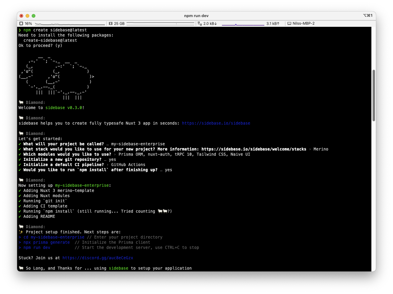 create-sidebase CLI in your terminal